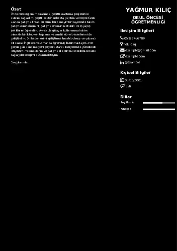 Okul Öncesi Öğretmeni Öğretmenliği Cv Örnekleri cv indir